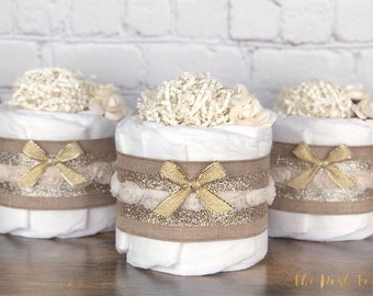 Rustic Rose Diaper Cake Mini Set, Baby Shower Gift, Baby Shower Centerpiece Decor, Shabby Chic Vintage Neutral Burlap Rose Gold Set of 3