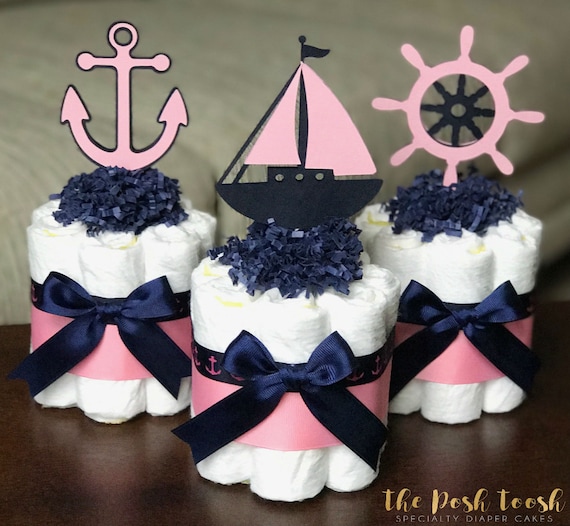 Girl Nautical Diaper Cake, Baby Shower Centerpiece, Baby Shower Decor Gift,  Girl Pink Navy Anchor Nautical Diaper Cake, Set of 3, 1 Tier 