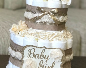 Shabby Chic Diaper Cake, Baby Shower Centerpiece Decor, Baby Shower Gift, Vintage Rose Neutral Burlap and Champagne Gold Floral Girl 2 Tier