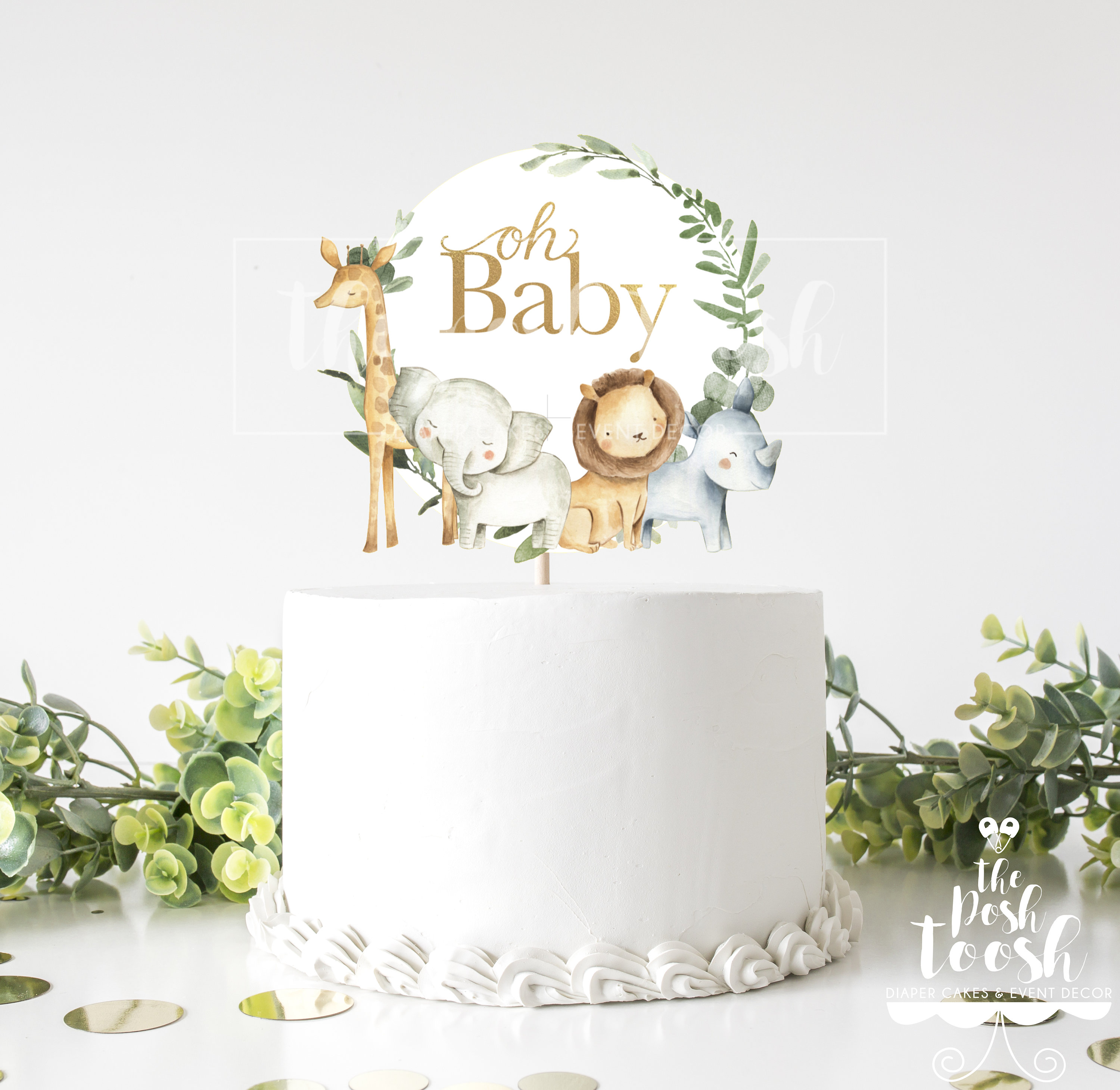 Safari Animal Cake Topper, Baby Shower Centerpiece Decor Cake Topper,  Gender Neutral Greenery Gold Eucalyptus Giraffe Elephant Lion Rhino