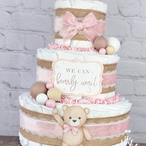 Bear Diaper Cake, Baby Shower Centerpiece Decor Gift, Girl Pink Brown Neutral We Can Bearly Wait, Teddy Balloon Woodland Baby Shower, 3 tier