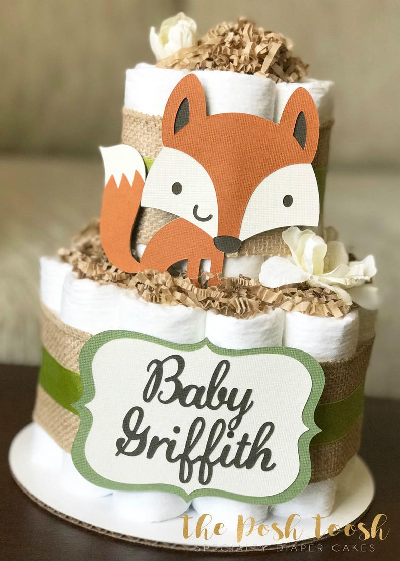 Boy Burlap Green Floral Fox Raccoon Owl Deer,2 tier Baby Shower Centerpiece Gender Neutral Woodland Diaper Cake Baby Shower Decor Gift