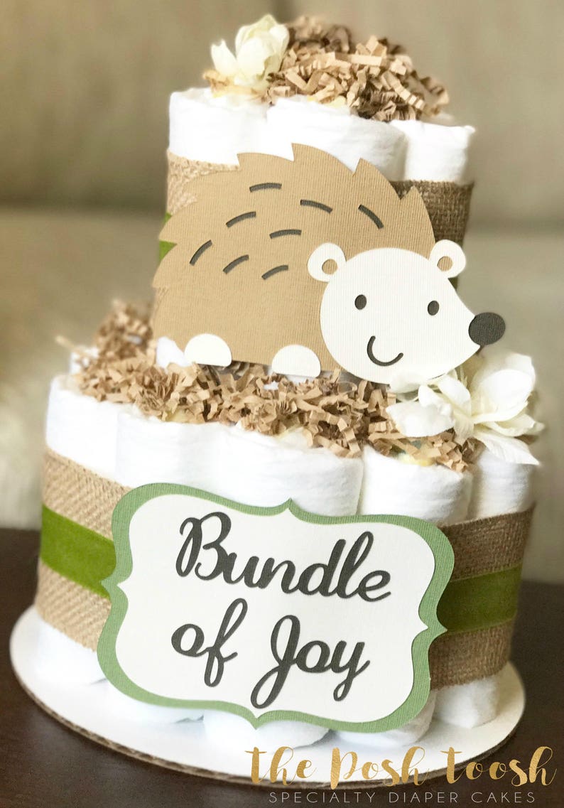 Boy Burlap Green Floral Fox Raccoon Owl Deer,2 tier Baby Shower Centerpiece Gender Neutral Woodland Diaper Cake Baby Shower Decor Gift