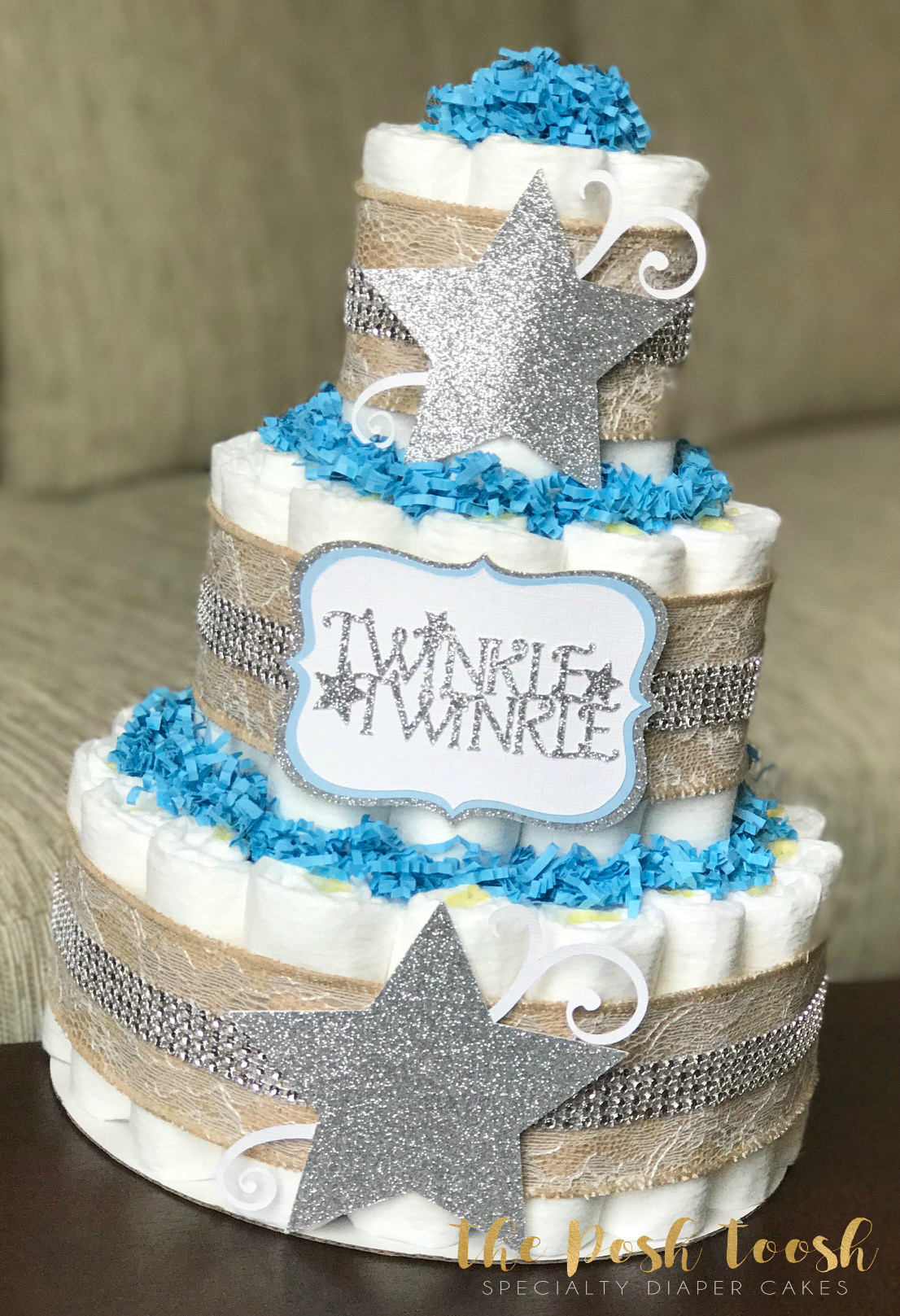 Twinkle Twinkle Little Star Diaper Cake Burlap Lace Blue Silver Boy Moon Star Diaper Cake Boy Baby Shower Centerpiece Decor