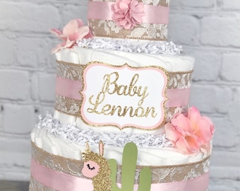 Llama Cactus Diaper Cake, Baby Shower Centerpiece Decor, Pink Gold Girl Floral Succulent Mama Llama Baby Mama Fiesta Boho Baby Shower,3 Tier