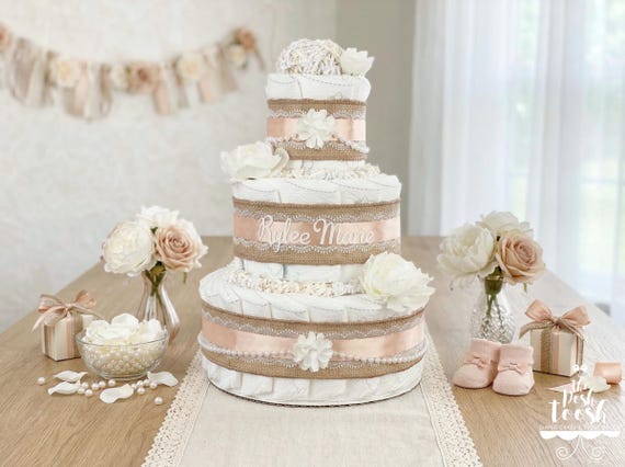 Peach Lace and Pearl Girl Diaper Cake, Baby Shower Decoration Centerpiece Gift