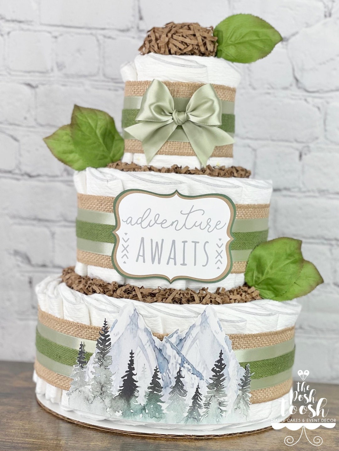 Adventure Awaits Mountain Diaper Cake, Green Burlap Gray Tribal
