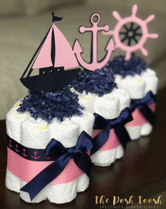 Girl Nautical Diaper Cake, Baby Shower Centerpiece, Baby Shower Decor Gift,  Girl Pink Navy Anchor Nautical Diaper Cake, Set of 3, 1 Tier -  Canada