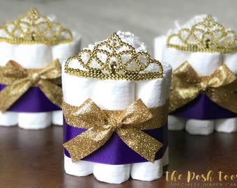 Royal Purple Princess Diaper Cake, Baby Shower Decor Centerpiece Present, Little Princess Purple and Gold Tiara Crown Girl Queen, Set of 3