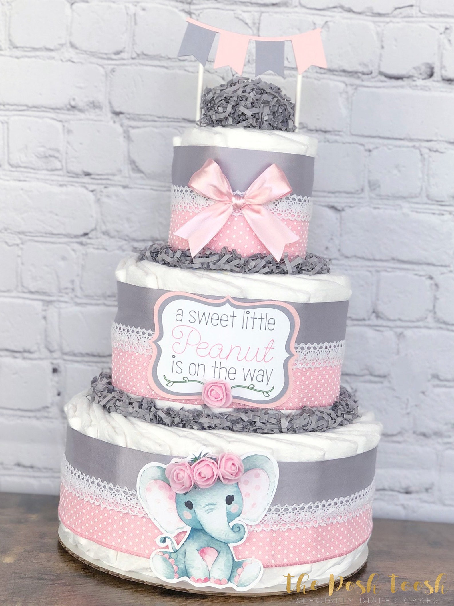 Elephant Diaper Cake Floral Pink Gray Girl Little Peanut Etsy