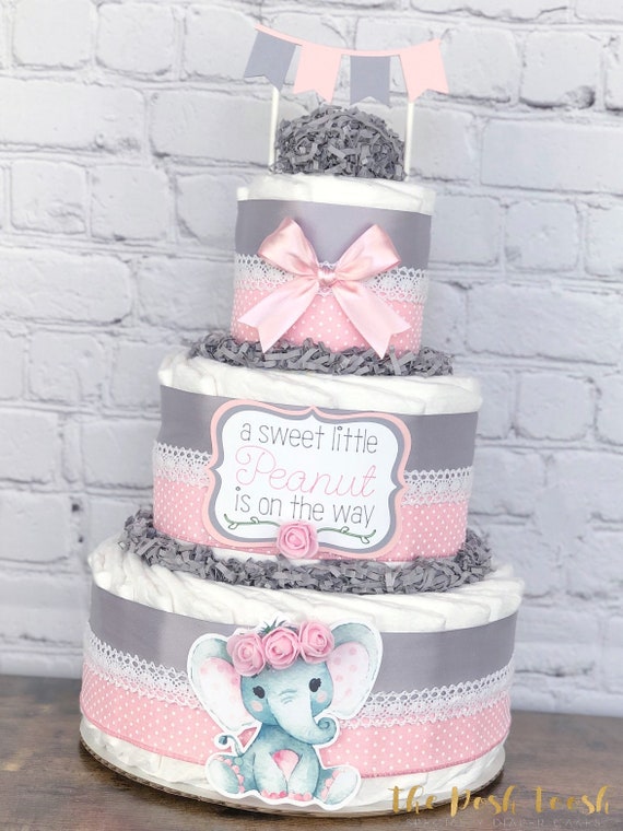 Elephant Diaper Cake Floral Pink Gray 