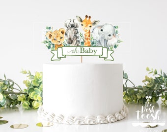 Safari Animal Cake Topper, Baby Shower Centerpiece Decor Cake Topper, Greenery Palm Eucalyptus Gender Neutral Lion Giraffe Elephant Zebra