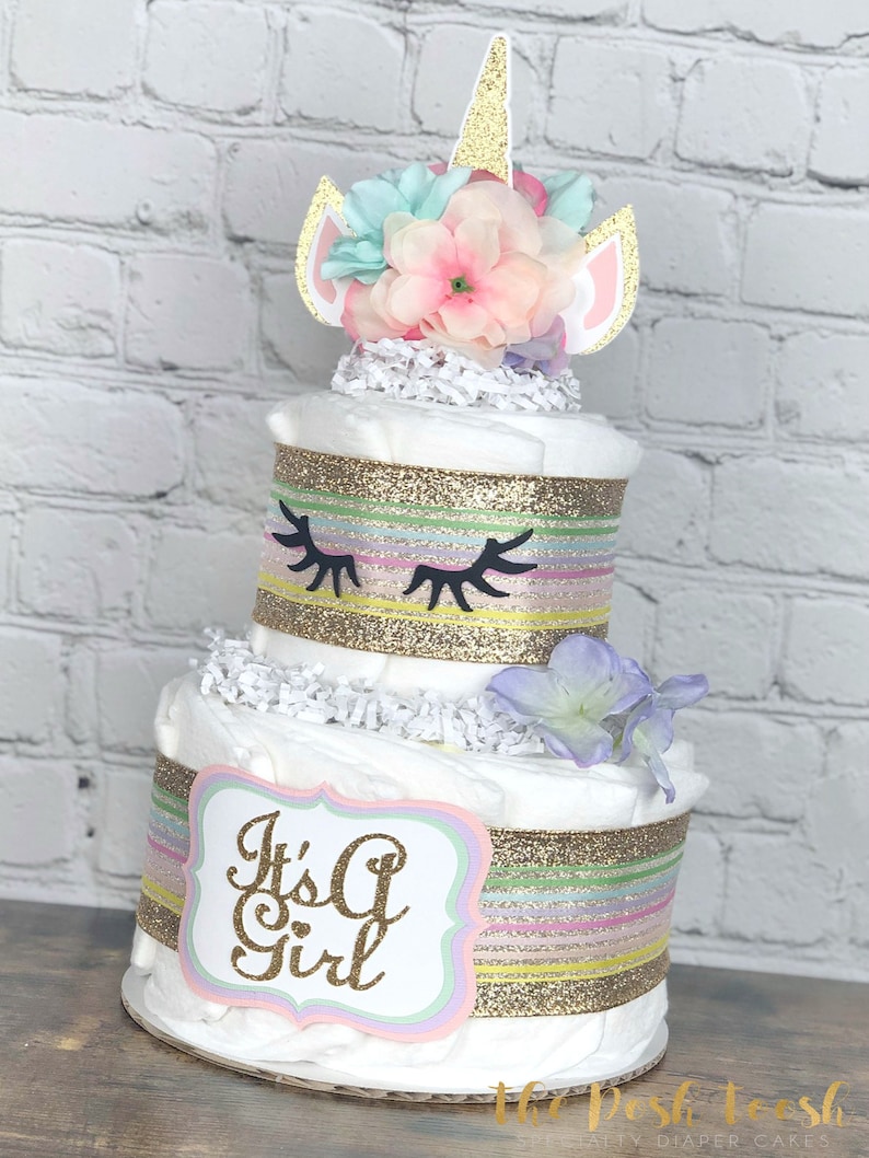 Unicorn Diaper Cake, Baby Shower Centerpiece Decor, Pink Purple Mint Gold Unicorn Baby Shower Mystical Magical Girl Floral Rainbow, 2 Tier image 2
