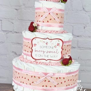 Strawberry Diaper Cake, Baby Shower Centerpiece Decor Gift, Gender Neutral Girl Pink Red Someone Berry Sweet is on the way Fruit, 3 tier