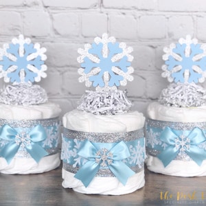 Snowflake Diaper Cake Set Mini, Baby Shower Gift Centerpiece Decor, One Mini Boy Blue Silver Little Snowflake Baby It&#39;s Cold Outside Winter