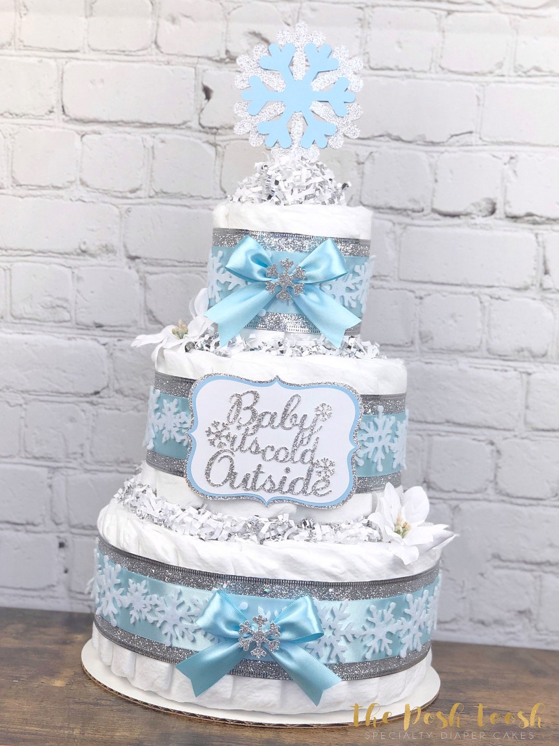 Snowflake Baby It's Cold Outside Diaper Cake, Blue Silver White Winter Wonderland Boy Diaper Cake, Baby Shower Decor Centerpiece, 3 Tier image 1