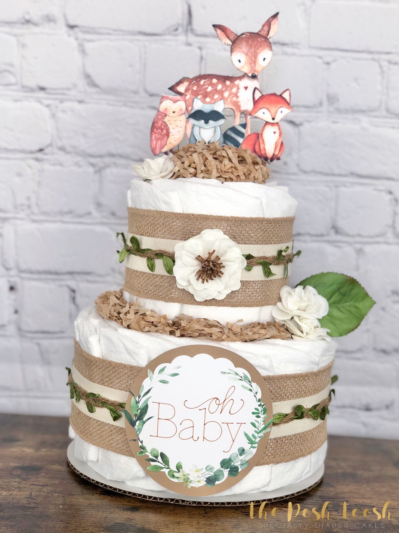 Neutral Woodland Diaper Cake, Baby Shower Centerpiece Decor Gift, Girl ...
