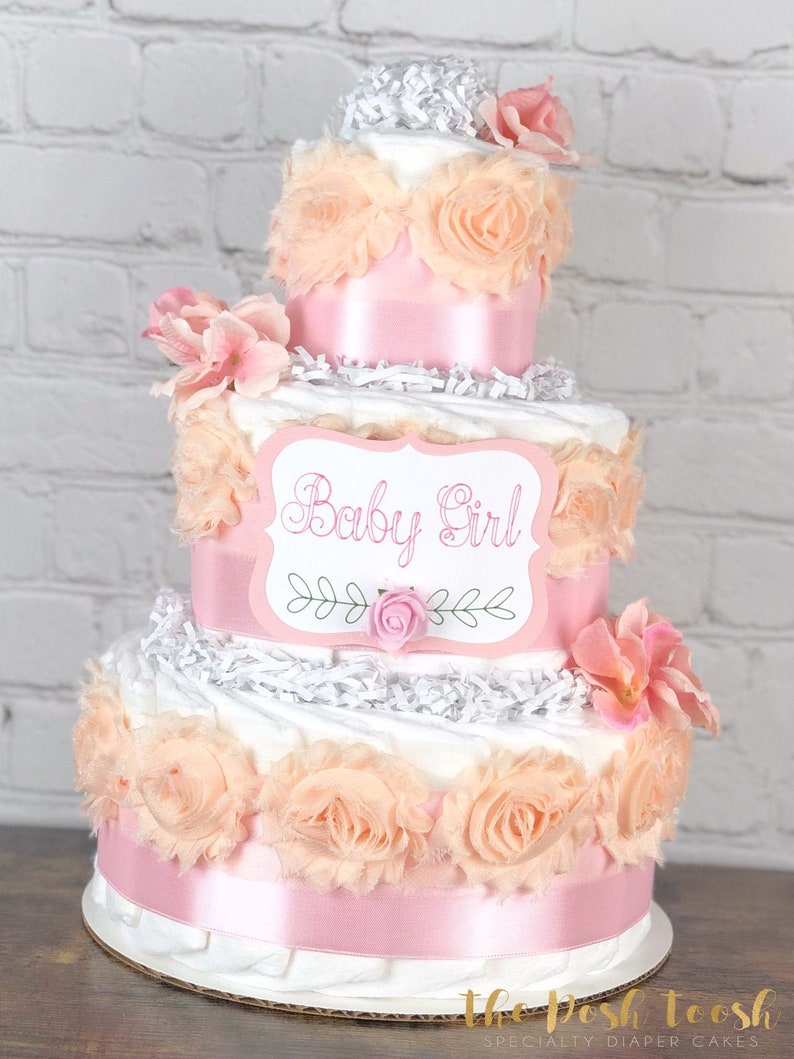 Satin Pink Rose Diaper Cake, Virtual Baby Shower Centerpiece Decor Gift, Pink Girly Flower Floral Diaper Cake, Girl Feminine Elegant,3 tier image 1