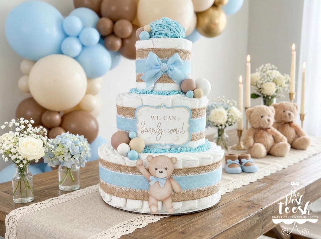 Bear Diaper Cake, Baby Shower Centerpiece Decoration Gift, Blue Boy ...