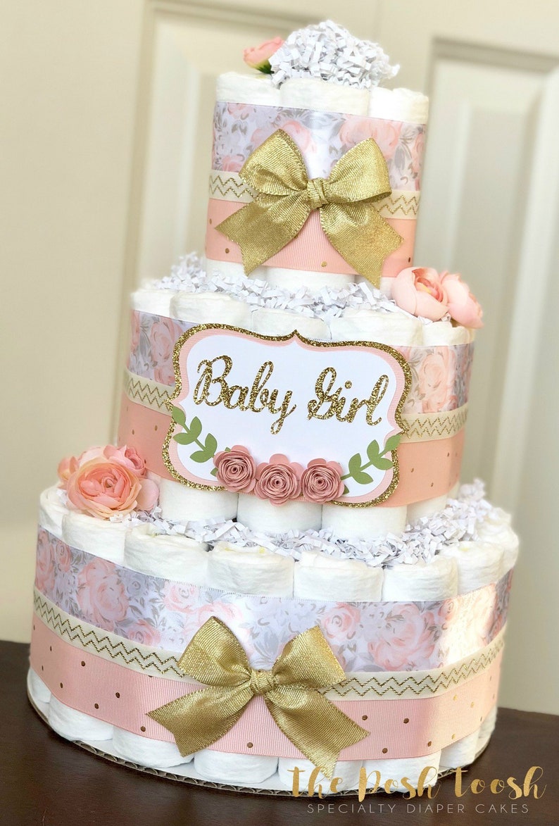 Blush Pink Gold Baby Girl Diaper Cake Shower Centerpiece Decor Gift Fl Wreath Feminine Elegant 3 Tier