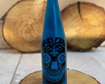 Blue Sugar Skull Wine Bottle