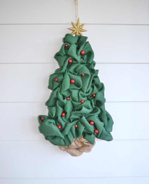 Sparkly Green Burlap Christmas Tree Wreath Door Hanger Front Etsy