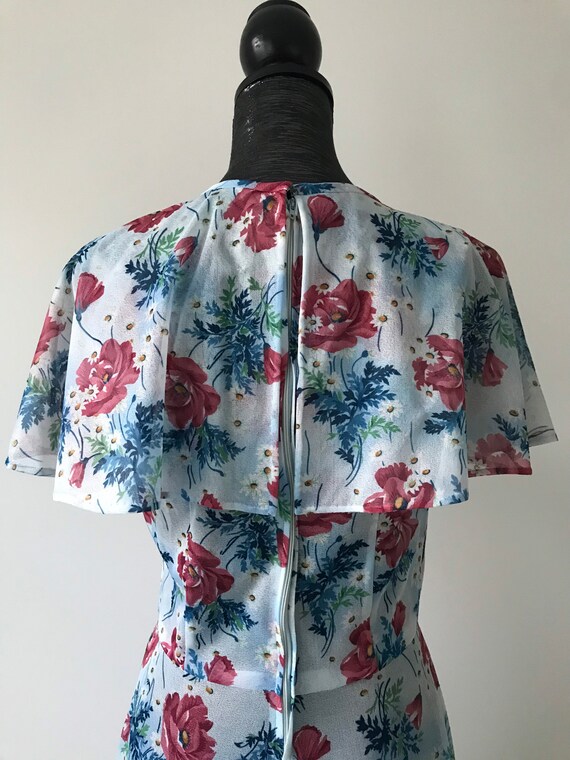 70s does 30s Sheer Blue Floral and Rose Print Gown