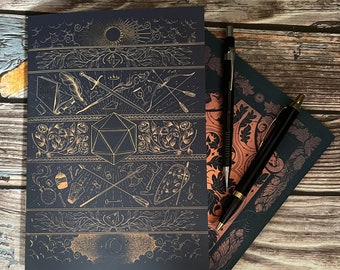 Gold foiled D&D notebook, 48 page dot-journal, full-colour interiors - perfect for gaming notes!
