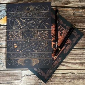 Gold foiled D&D notebook, 48 page dot-journal, full-colour interiors - perfect for gaming notes!