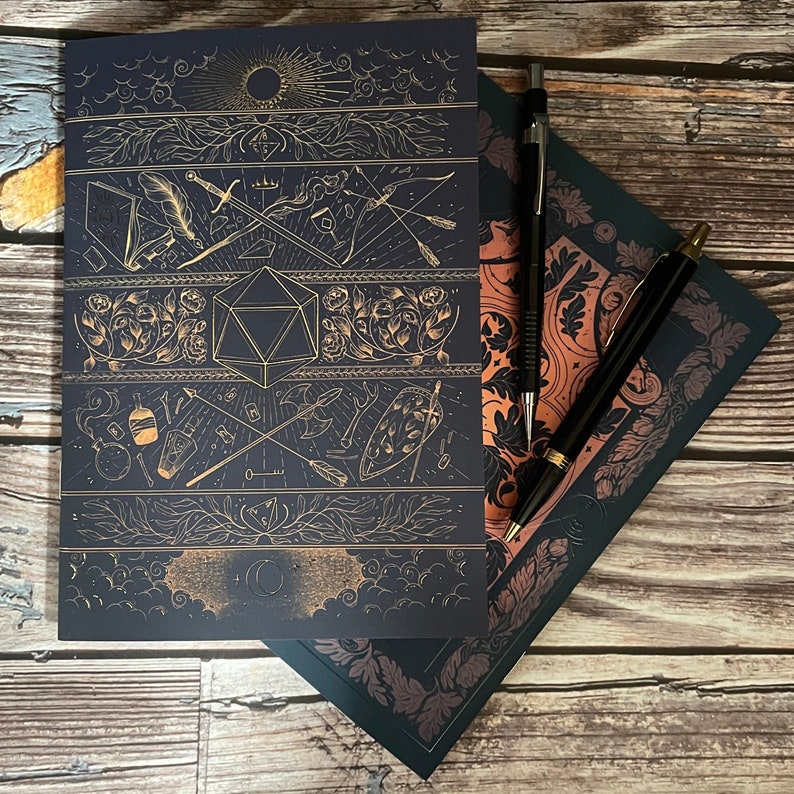 Gold foiled D&D notebook, 48 page dot-journal, full-colour interiors perfect for gaming notes image 1