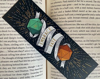 Embrace Fate: Gold foiled D&D bookmark with d20 dice