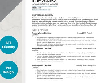 May include: A resume template with the name "RILEY KENNEDY" at the top. The resume includes sections for a professional summary and work experience. A gold pen and a cup of coffee are on the right. Two blue circles with white text say "ATS Friendly" and "Pro Design".