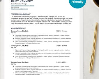 May include: A resume template with the name Riley Kennedy, Senior Marketing Manager, and contact information. The resume includes a professional summary, work experience, and job titles. A gold pen and a cup of coffee are in the background. The text "ATS Friendly" is in a blue circle.