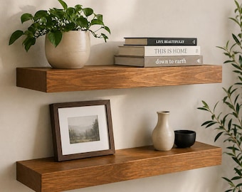 Tiefes schwebendes Holzregal, dickes Wandregal 6 "- 12" Tiefe, modernes minimales schwebendes Bücherregal, verstecktes Halterungsregal