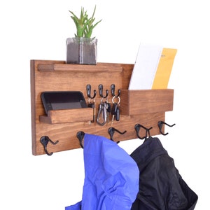 Handmade Wood Wall Organizer: Coat Rack, Mail & Key Holder