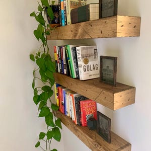 May include: Three wooden shelves with a rustic finish, mounted on a white wall. The shelves are filled with books and framed photos. A green plant hangs from the top shelf.