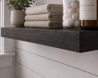 Estantería flotante moderna de madera, estante de pared minimalista, estante de madera gruesa, estante de líneas limpias, decoración contemporánea para el hogar.