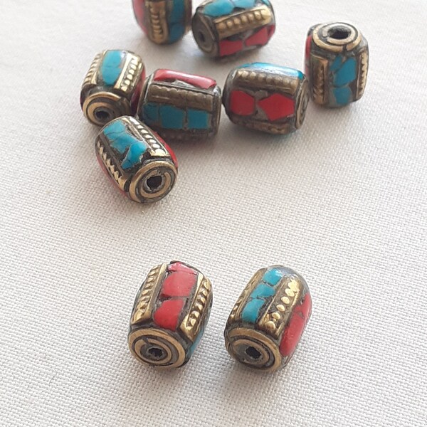 Tibetian beads, Nepali beads, Himalayan jewelry, Barrel tibetian beads, Tribal beads, handmade beads, coral & turquoise inlays on brass