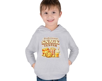 Probador profesional de snacks: sudadera con capucha de forro polar retro con estampado gastronómico para niños pequeños.