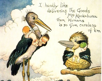 May Gibbs Vintage Book Page, Book Plate, Paper Ephemera, Snugglepot and Cuddlepie Stork and Kookaburra