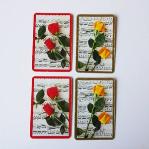 4 vintage playing cards, music and roses, vintage swap cards