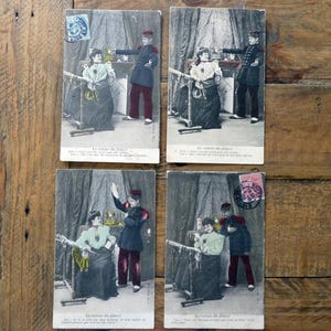 4 Antique French romantic couples postcards, return of the fiancé, le retour du fiancé