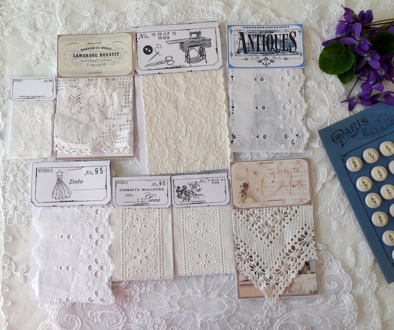 Vintage lace sample cards, junk journal embellishments White