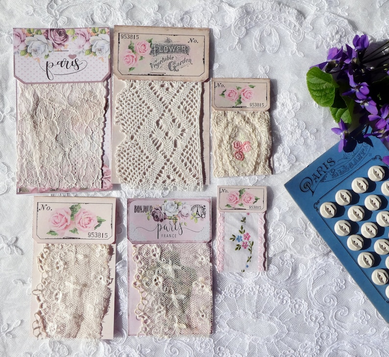 Vintage lace sample cards, junk journal embellishments Pink