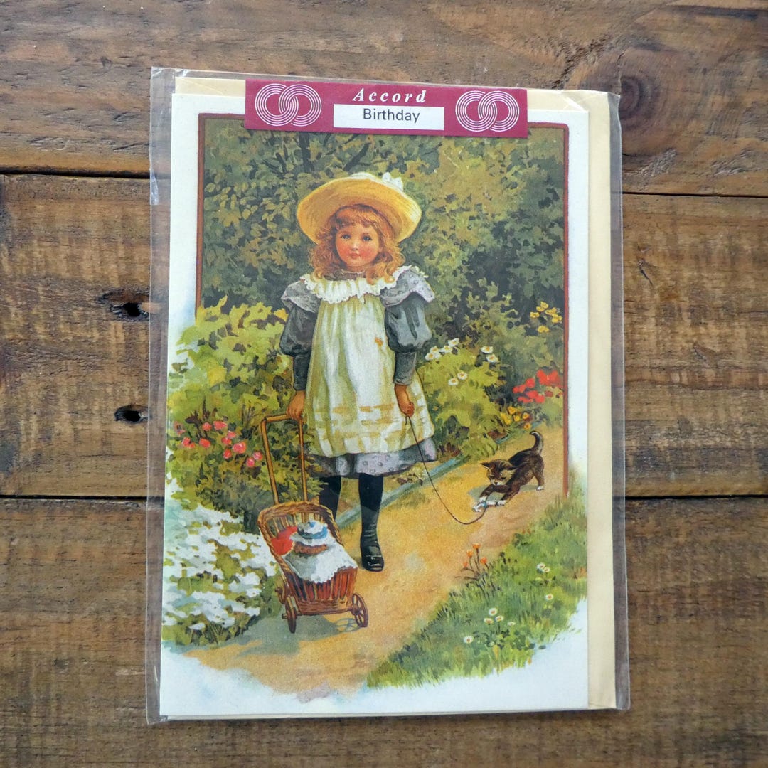 Vintage Birthday Card, Accord Unused Card, Girl and Kitten Design ...