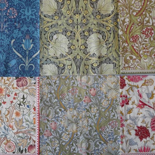 6 William Morris paper napkins for decoupage, scrapbooking, mixed media, collage, Pack #2