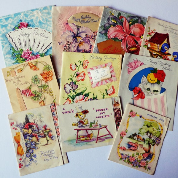 Bundle of 10 vintage female birthday cards, 1950s greeting cards