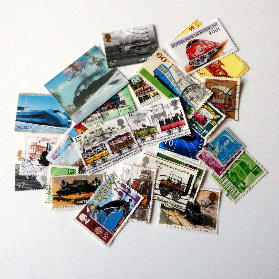 30 Train Postage Stamps Mixed Lot for Scrapbooking Collage Altered Art ...