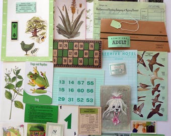 Green vintage ephemera pack 40 pieces