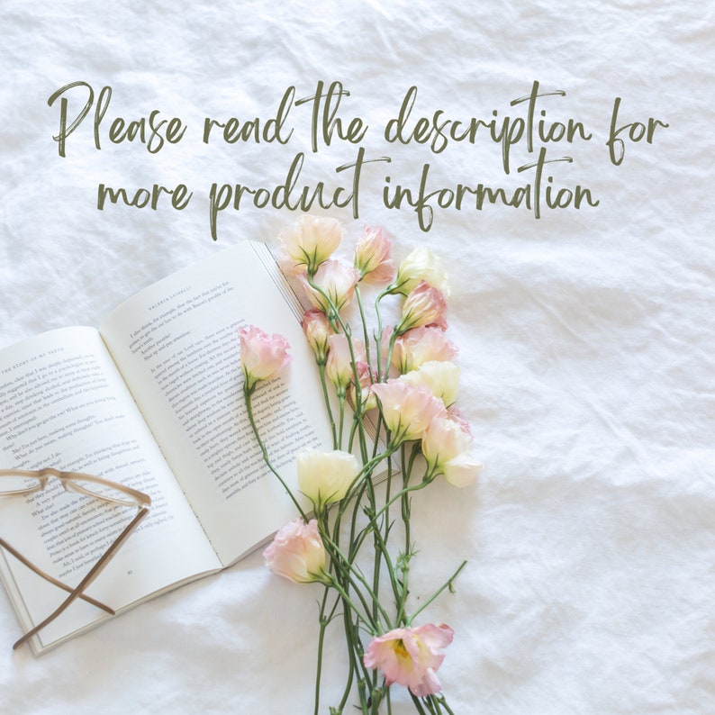 May include: A white book with a bouquet of pink and white flowers on top of a white linen fabric. The text "Please read the description for more product information" is written in green cursive on the fabric.